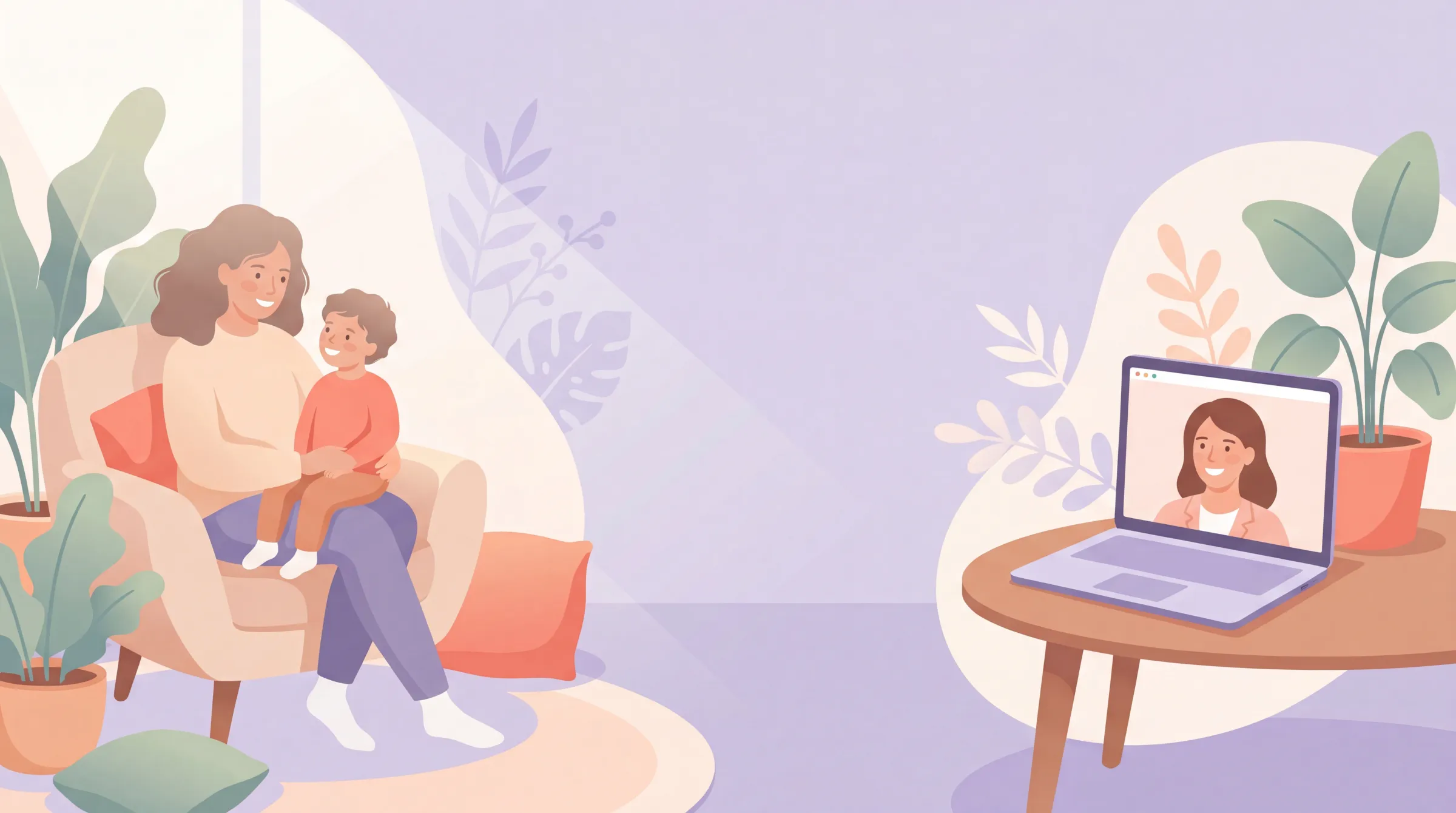 An illustration of an Australian parent and child at home on the left and a laptop online therapy session on the right, in soft Hey Sprout colours