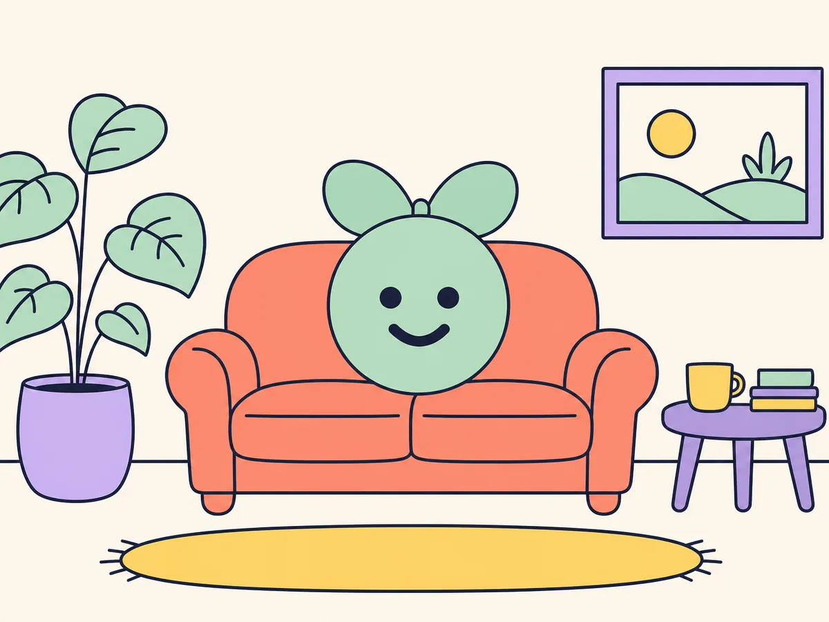 A friendly illustration of the Hey Sprout mascot relaxing at home on the couch