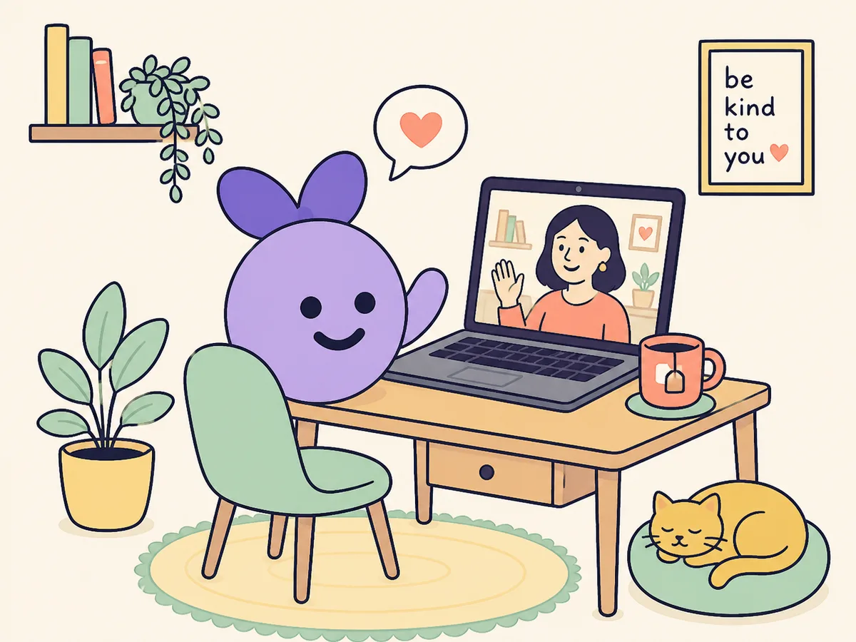 A friendly illustration of the Hey Sprout mascot waving during an online therapy video call from home